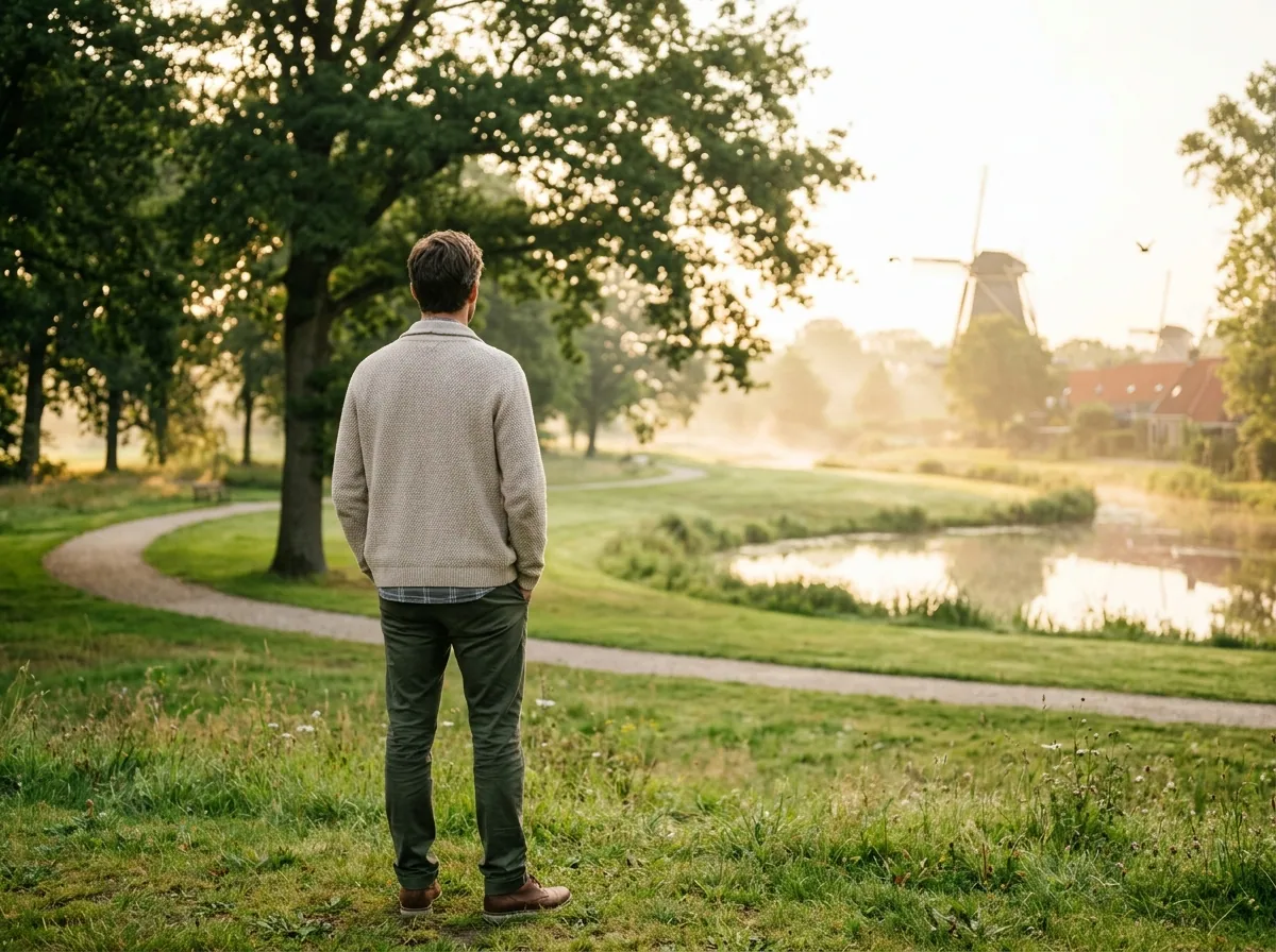 Anonieme man van achteren in groen ochtendlandschap - dagelijkse routine mannen welzijn 50 plus